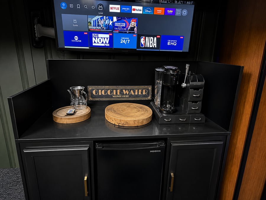 Lower level coffee station with mini-fridge