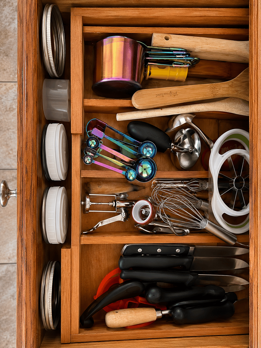 Kitchen drawer of baking utensils