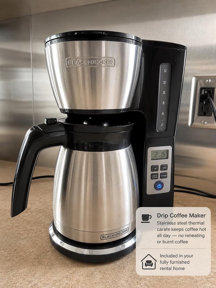 Drip Coffee Maker with thermal carafe so coffee stays hot (and doesn't burn)