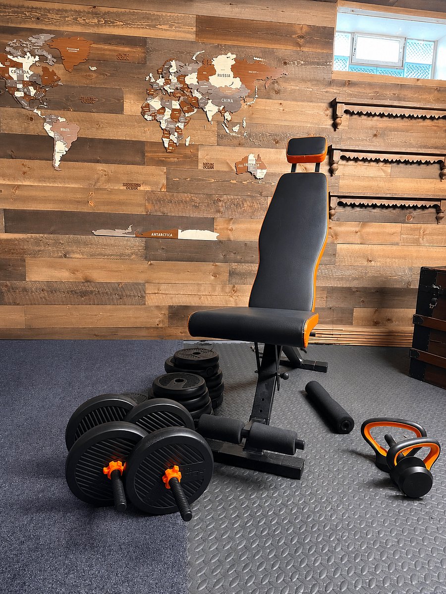 Full weight bench with adjustable weights and kettlebells