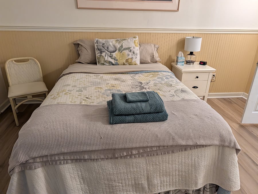 Queen bed in downstairs bedroom