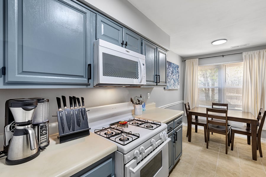 Eat in kitchen with lots of counterspace and gas stove.