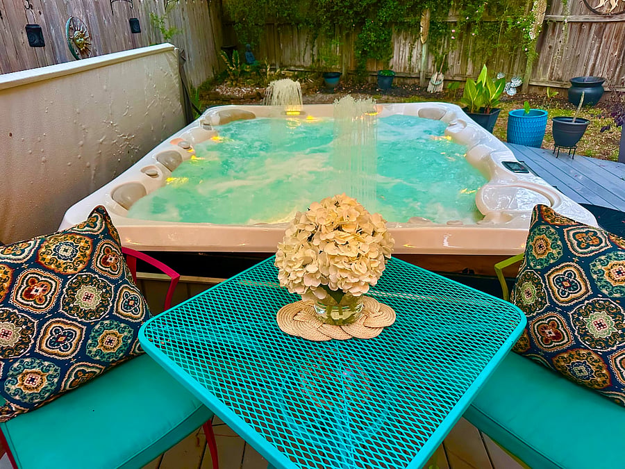 The heart of the home! Completely private back yard, & the spa has 78 jets!
