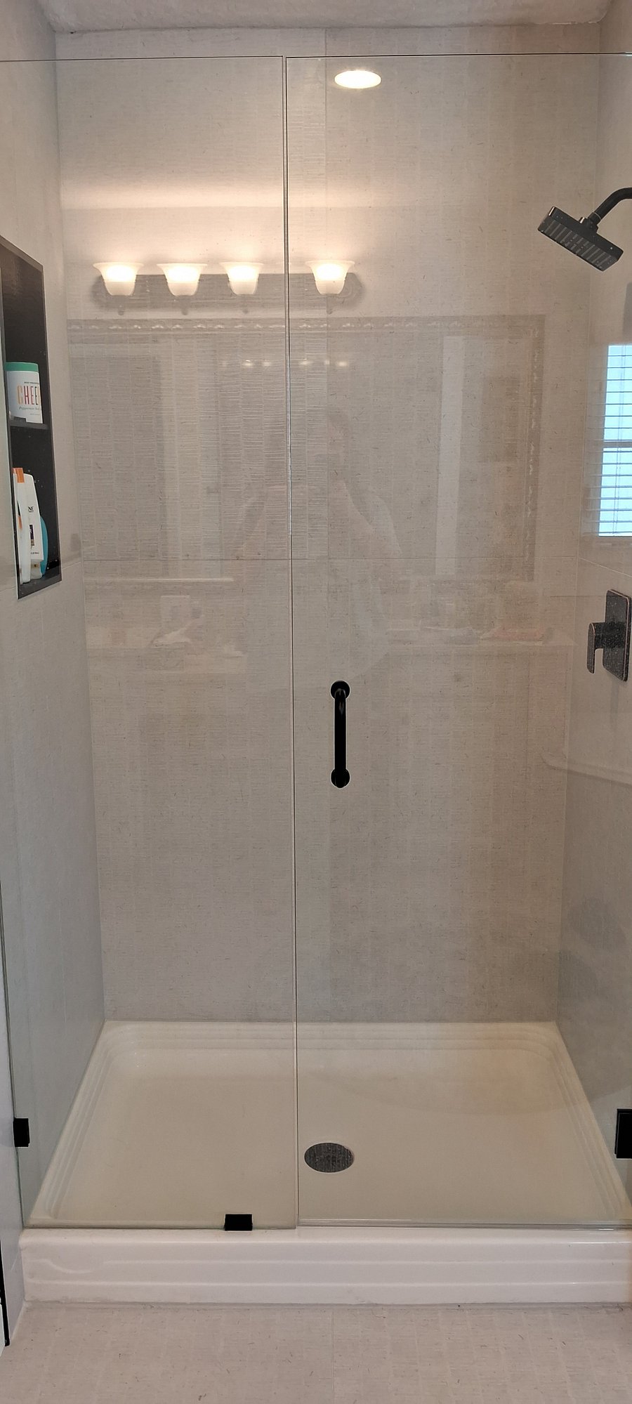 Master bath frameless glass shower w/ rainfall showerhead