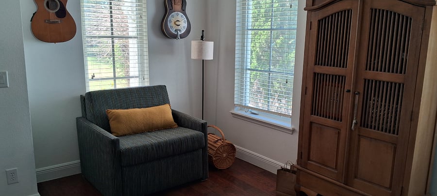 Another view of the den, which features an oversized club chair that folds out to a very comfy twin sized bed, for the occasional overnight guest.
