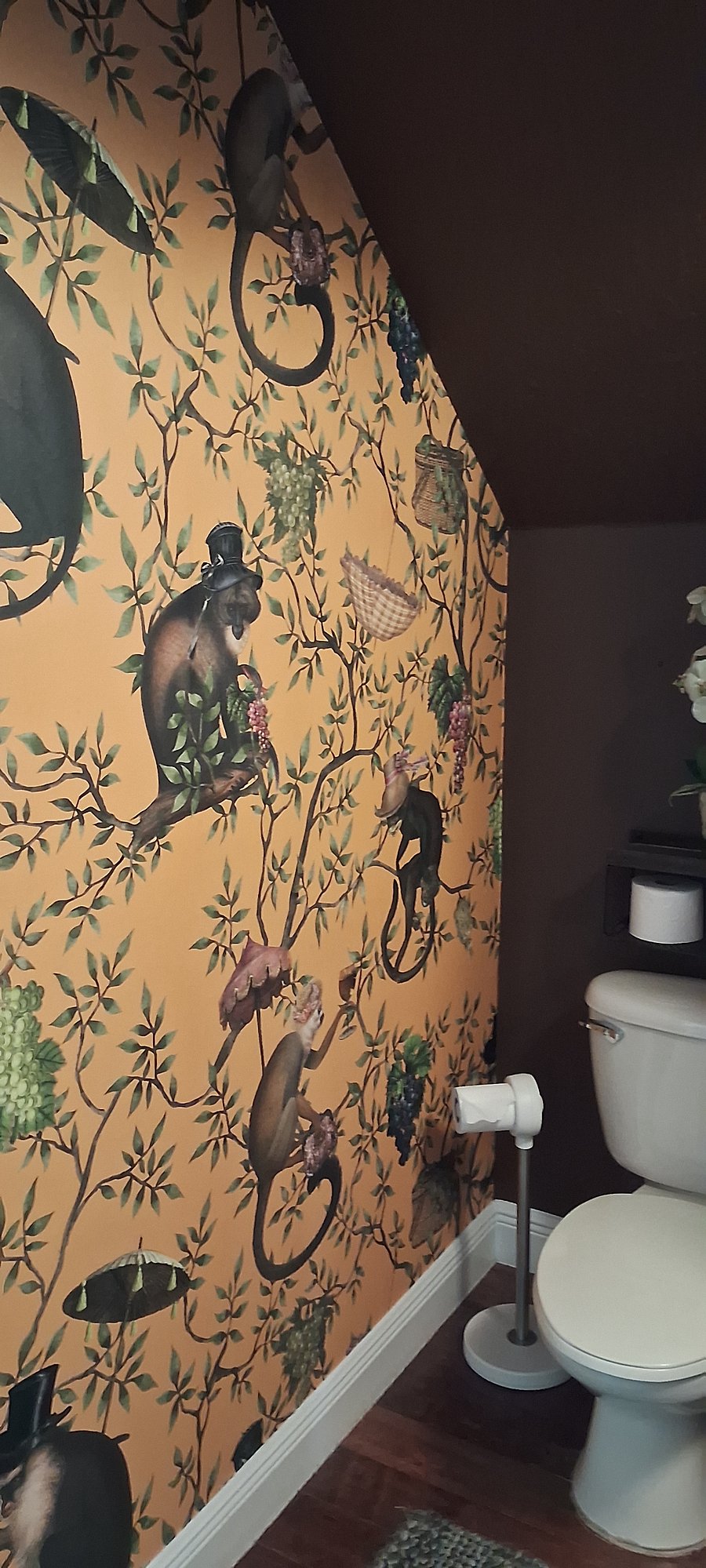 Another view of the powder room...and to add a bit of whimsy, the custom wallpaper is aptly named, "Monkey Garden Party!"