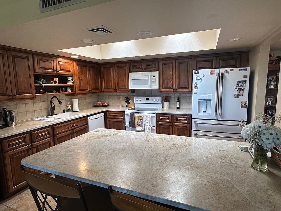 Kitchen, with seating for two at kitchen island