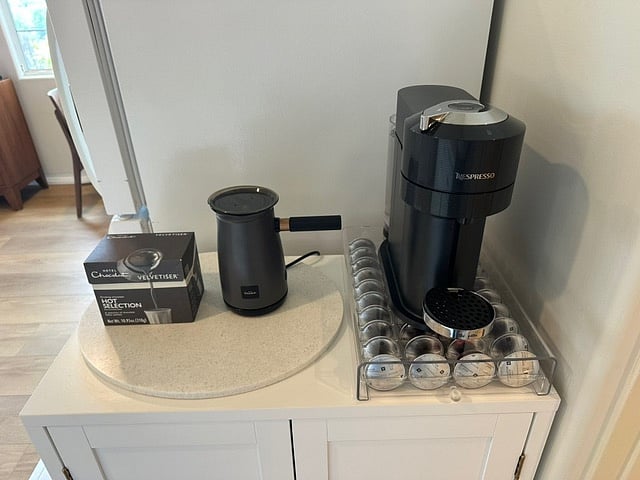 Nespresso coffee maker with coffee, Hotel Chocolate maker with Hot Chocolate packets