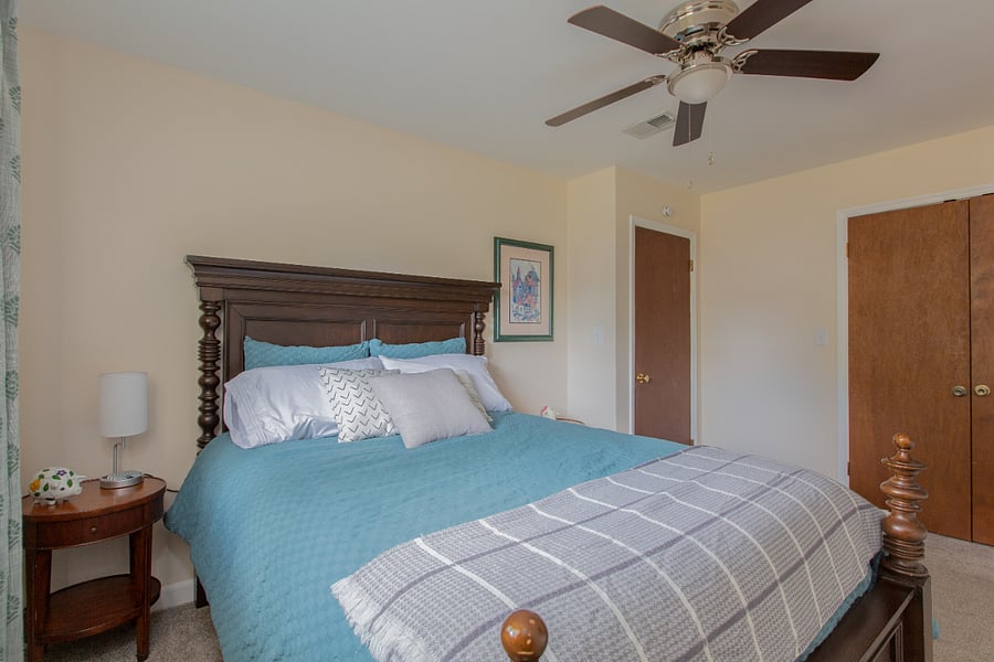 Second Bedroom, Blackout Curtains, Charging Station Lamp.