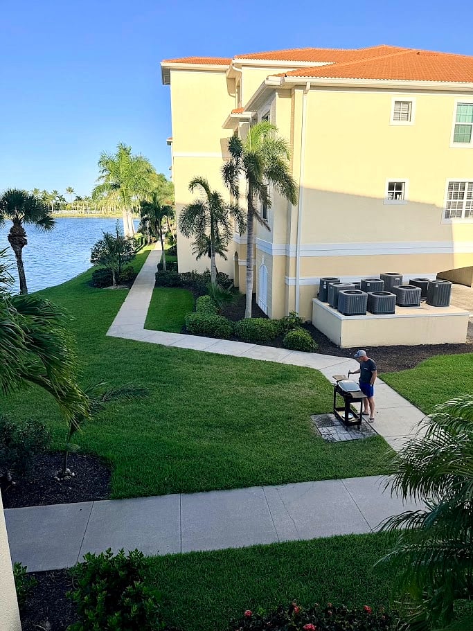 Grilling pad just outside the unit. Grill on cart for guests to use