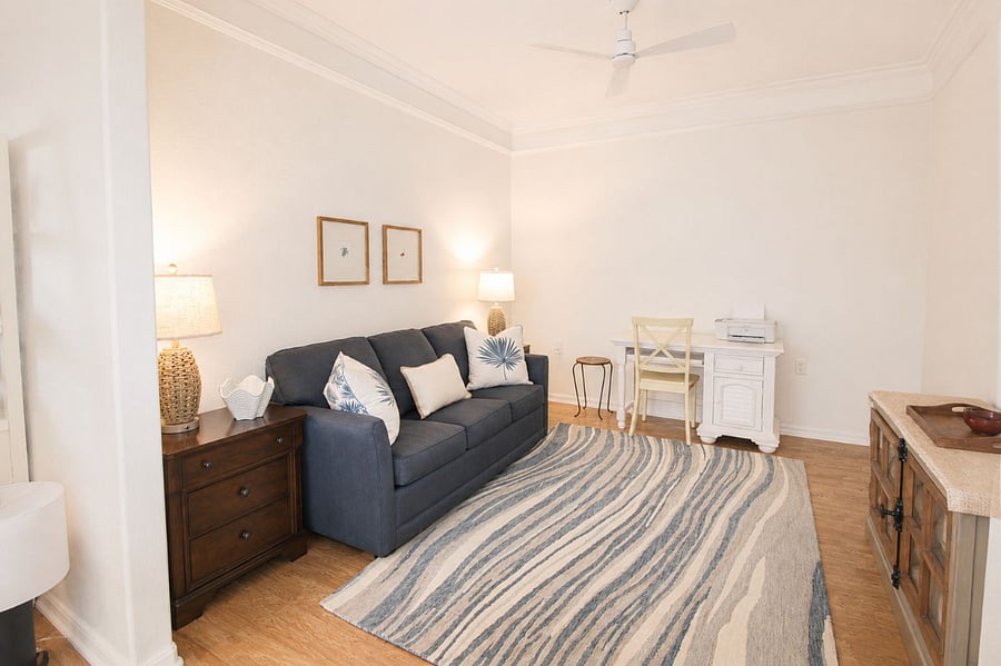 Den with queen sleeper sofa, desk and printer