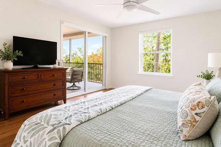 Primary bedroom with smart tv and doors to the lanai
