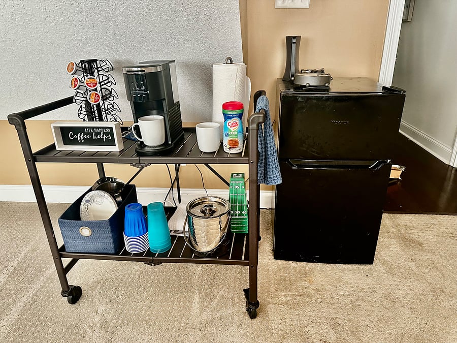 Complete setup coffee bar with mini frig