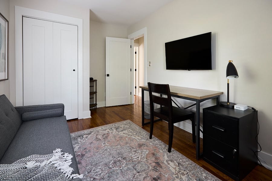 Office - Dedicated workspace, TV doubles as second screen (HDMI); Sofa folds out to a twin sleeper