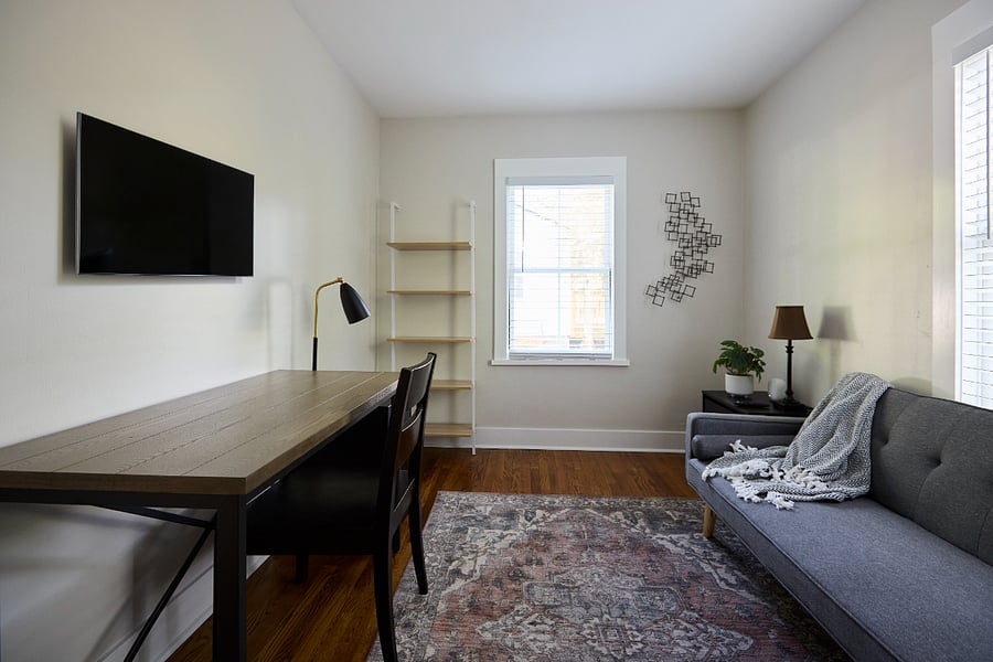 Office - Dedicated workspace, TV doubles as second screen (HDMI); Sofa folds out to a twin sleeper