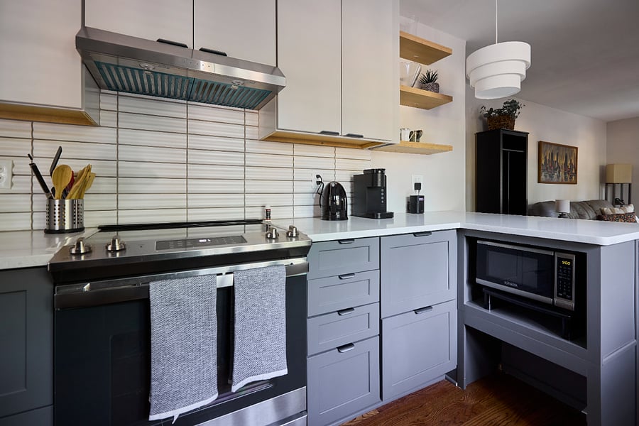 Kitchen - Keurig coffeemaker and electric kettle, Google voice-controlled speaker, under-counter microwave