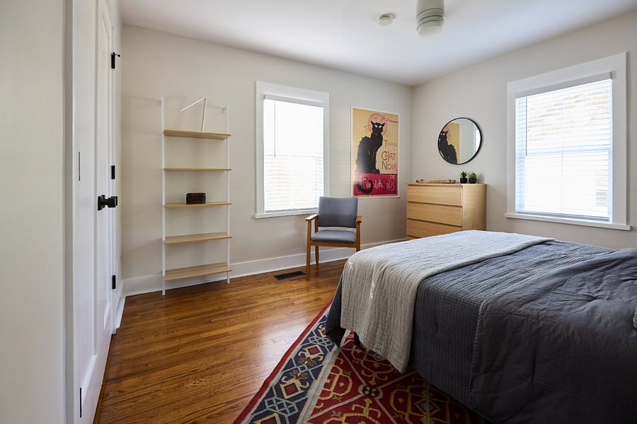 Primary Bedroom - Queen bed w/memory foam topper, ample closet/dresser storage, room-darkening blinds and thoughtful, hotel-inspired comforts.