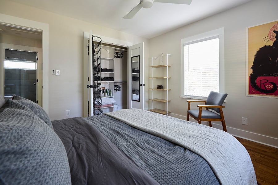 Primary Bedroom - Queen bed w/memory foam topper, ample closet/dresser storage, room-darkening blinds and thoughtful, hotel-inspired comforts.