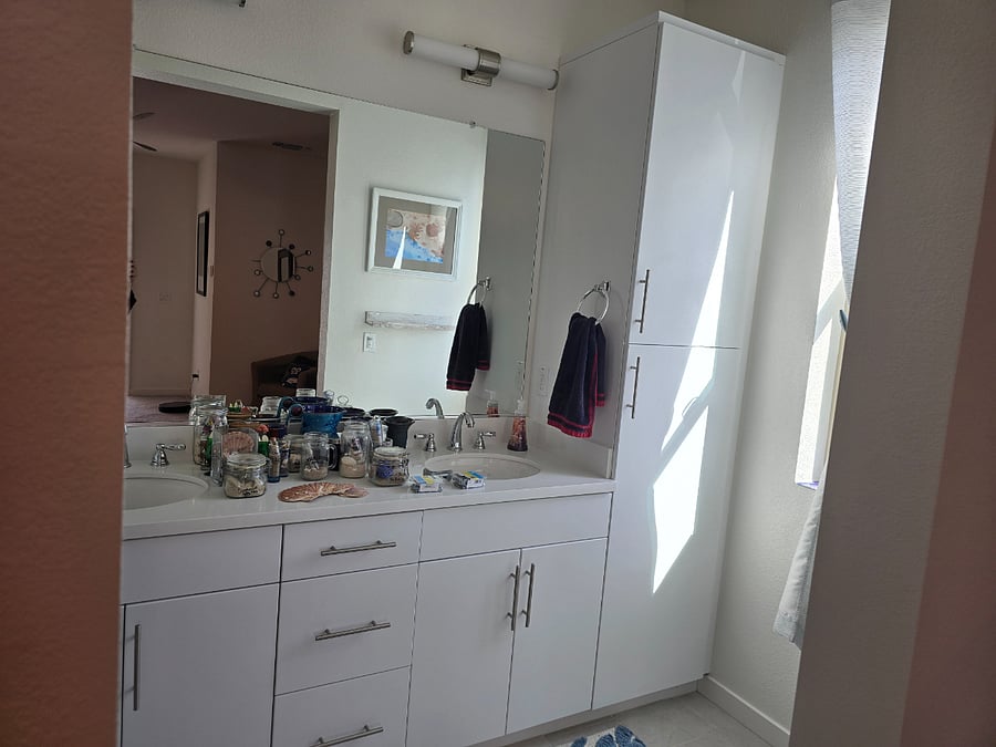 Primary Double Vanity and linen storage