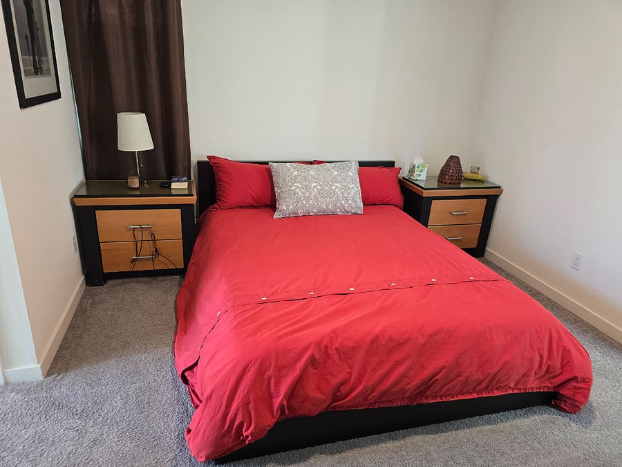Queen bed and side tables