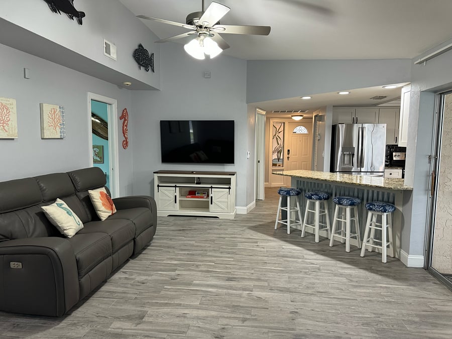 View as seen from living room area, looking toward front door