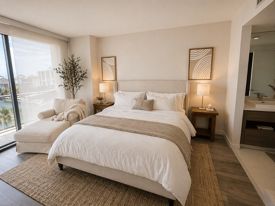 The spacious primary bedroom features a comfortable queen bed, a Smart TV, and large windows that fill the room with natural light. Designed with a calm, neutral aesthetic, the space offers a relaxing retreat for extended stays. The private en-suite bathroom provides added convenience and privacy, making the primary suite feel like a true sanctuary within the home.