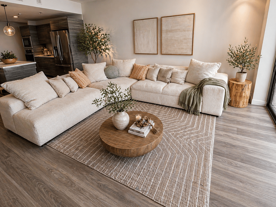 Bright and inviting living room featuring a 65-inch smart TV, plush seating, and floor-to-ceiling windows showcasing stunning water views. The open layout and calm, neutral design create a sophisticated space to relax, entertain, or unwind in comfort.