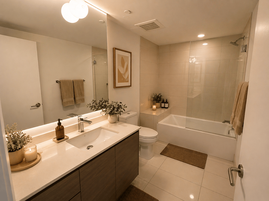 Spacious bathroom featuring a bathtub and shower combination, offering both comfort and functionality. Thoughtfully designed with ample space and conveniently connected to the bedroom for easy access.