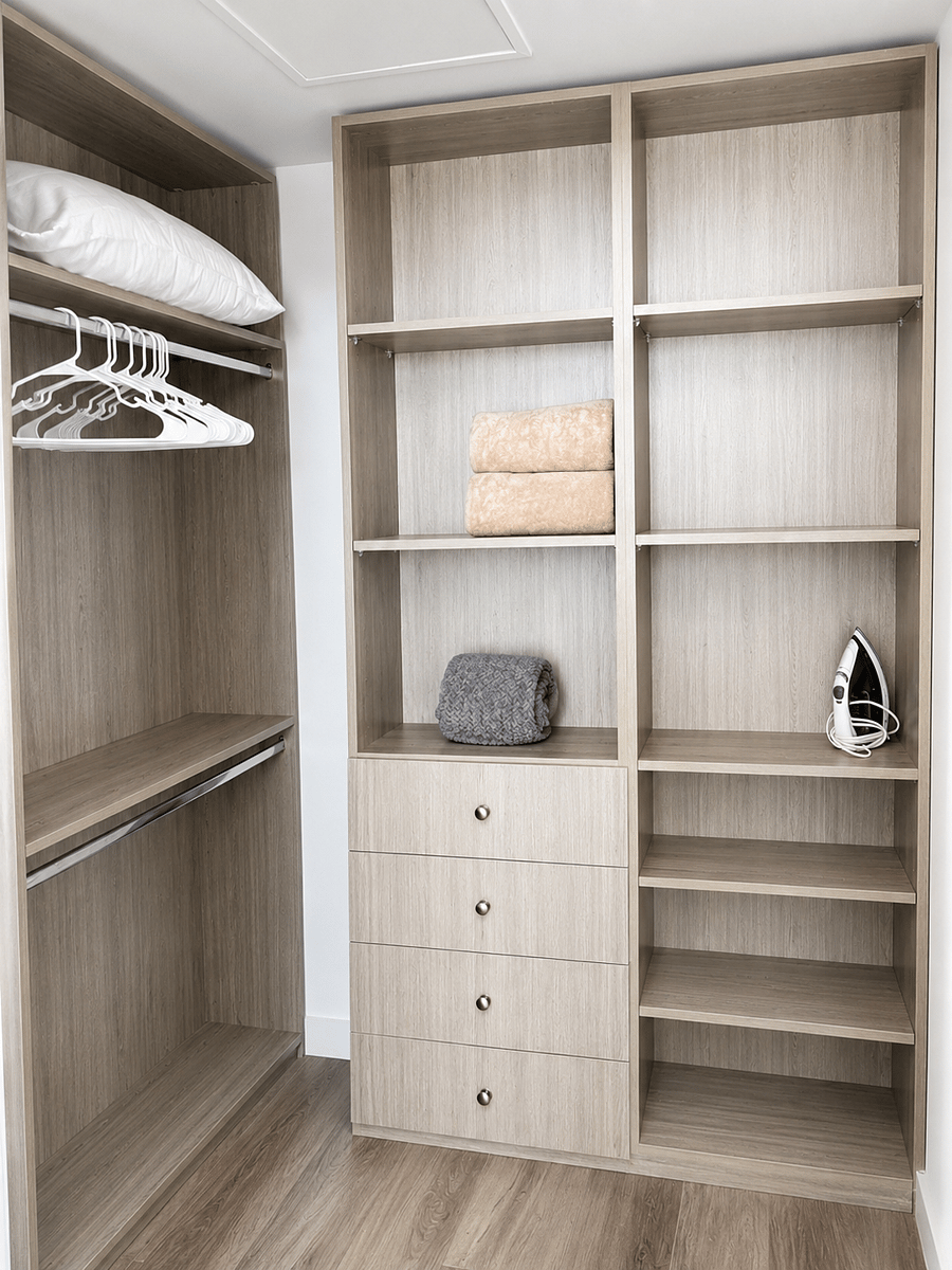 Generously sized closet with ample storage space, ideal for extended stays. Designed to keep belongings organized while maintaining a clean, uncluttered, and elevated living environment.