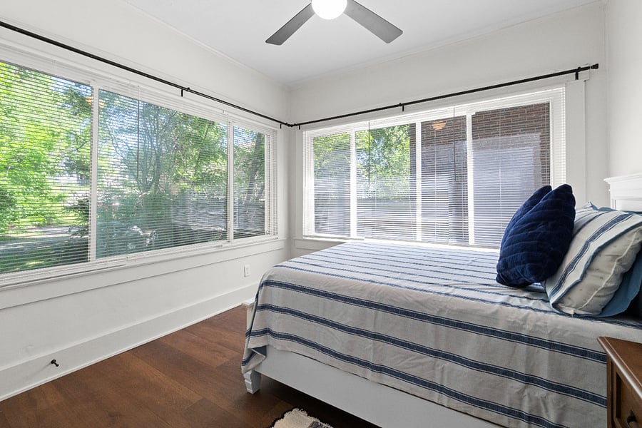 Light filled bedroom with a view