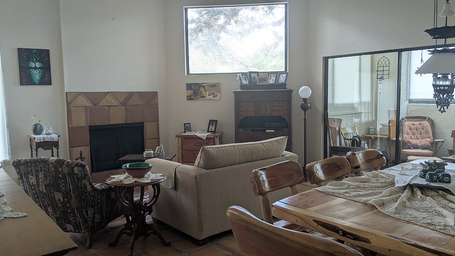 Shared living/dining room with electric fireplace