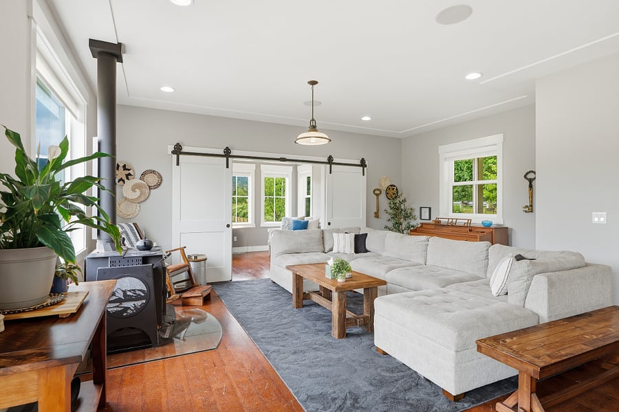 Cozy living room with soapstone-lined high efficiency woodstove