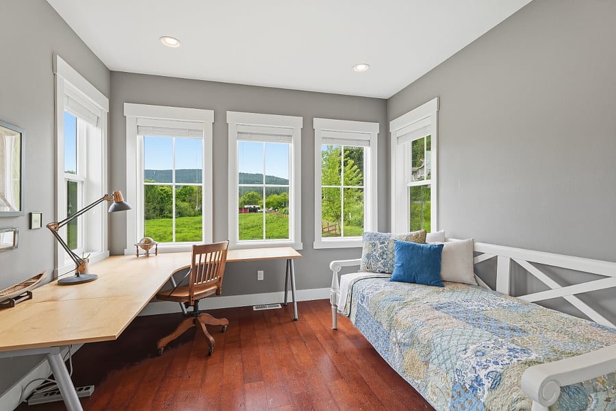 Inspiring views from home office with wooden blinds for privacy if desired