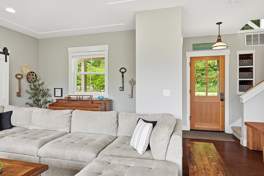 Comfortable oversized couch with rustic coffee table