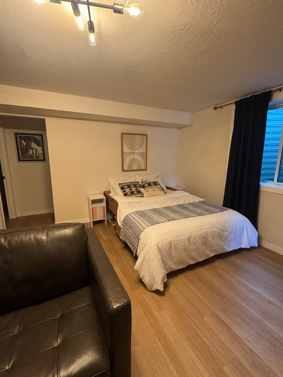 Daylight basement flex space - queen bed, couch and tv area