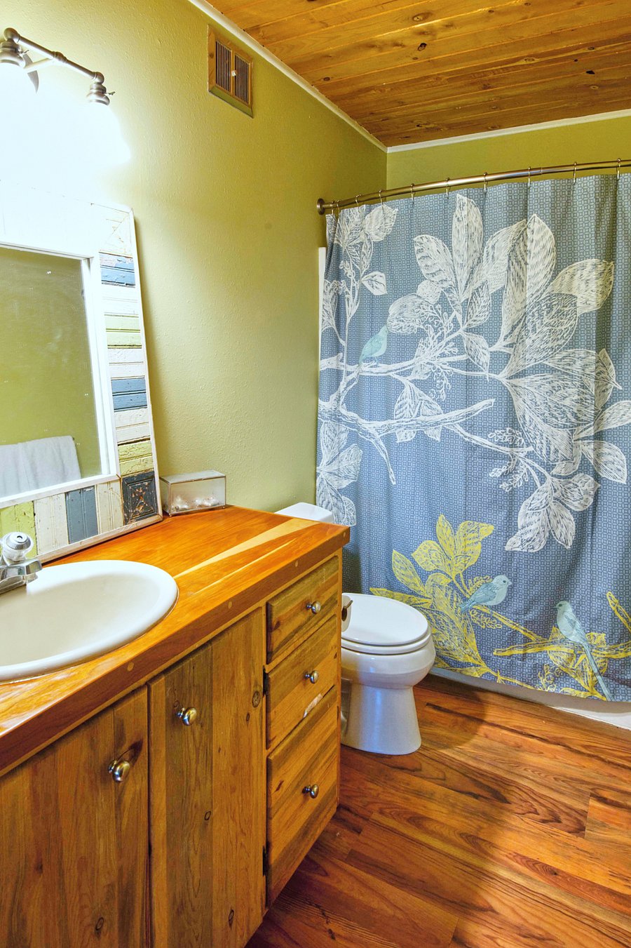 Main level bath/shower , bathroom is off the kitchen in between the Queen bedroom and twin bed/office room.