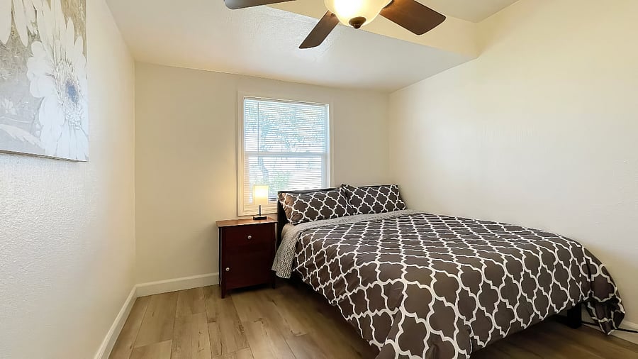 Bedroom #2 with 1 double size bed with very comfortable 12" medium firm memory foam mattress. Ceiling fan in bedroom.