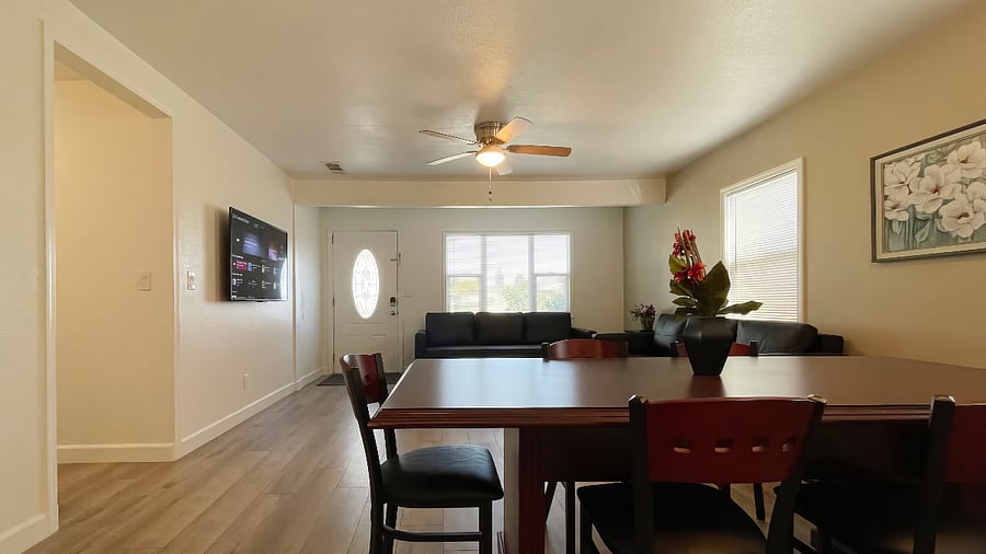 Living room with 2 sofas that extends out to be 2 separate sofa beds. 55" HDTV with streaming digital apps and channels. NOTE: We don't provide Netflix or other subscriptions, there are many free streaming and over the air HD local channels).