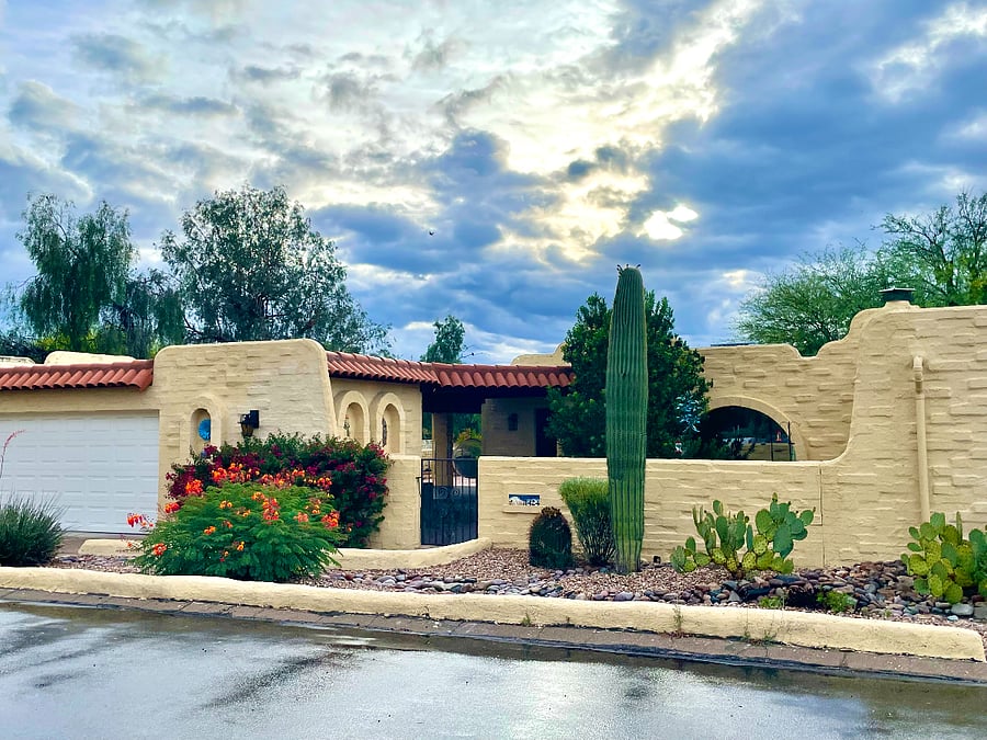 Front yard entrance and garage