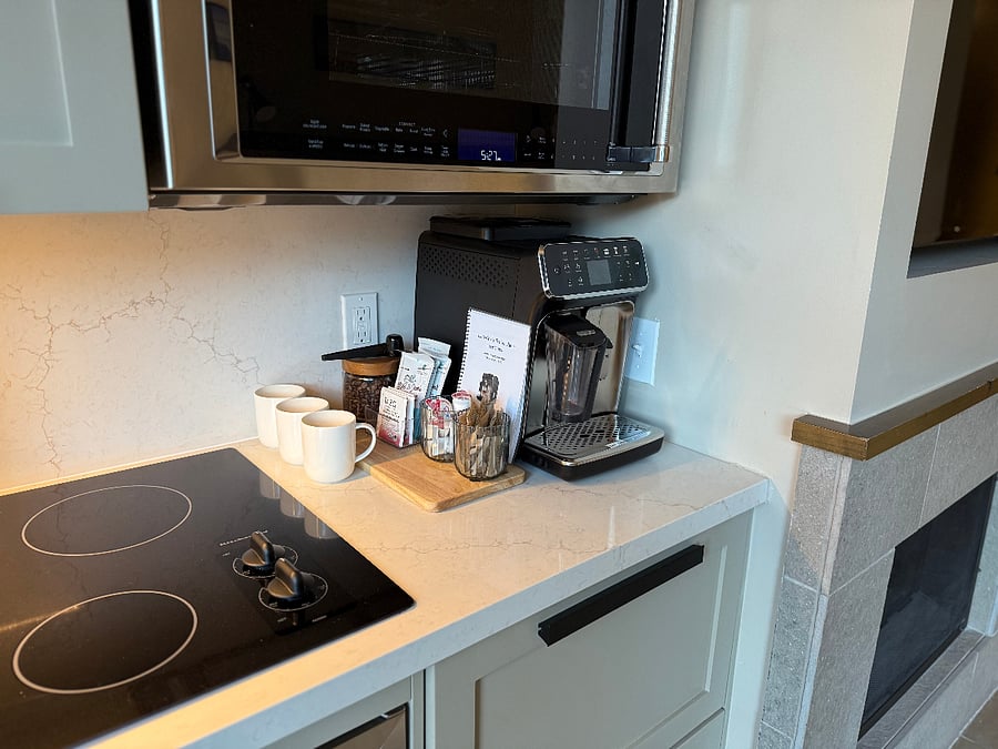 Custom coffee bar: LatteGo machine crafts your custom cup. Starter set of local's favorite Vail Mountain Coffee beans and fixings provided!