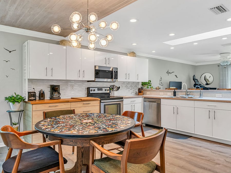 View of kitchen from the living room. Tons of counter space!