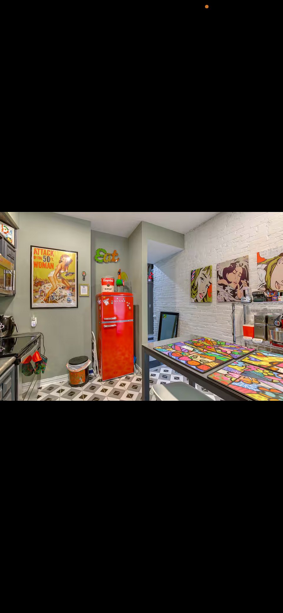 An exciting brightly colored kitchen with dishwasher, retro fridge and plenty of small appliances to get the creative juices going. Heres another tictik on the property. Watch the full video now! https://www.tiktok.com/t/ZTBRcqASj/