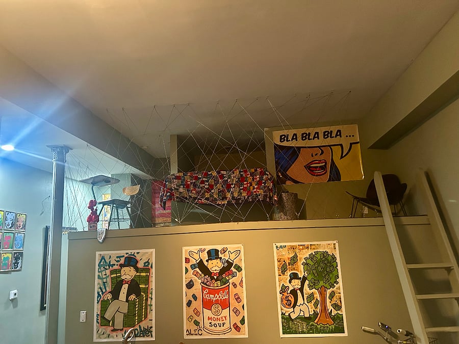 High above the living room, safe behind a wire art installation that took place last year. There are cloth drapes that can go in the sections to drape into the wire openings to provide privacy while in the loft area for extra privacy.
See another one of our TikTok videos. Watch the full video now! https://www.tiktok.com/t/ZTBRT2n9U/