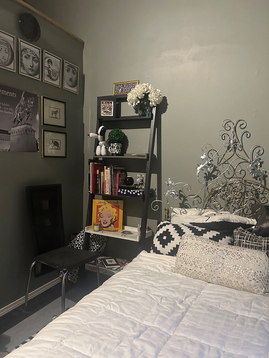 We called us the black-and-white room. Its in the front of the building and has two long skinny windows plenty of books at theaters, projector TV and a queen size bed.