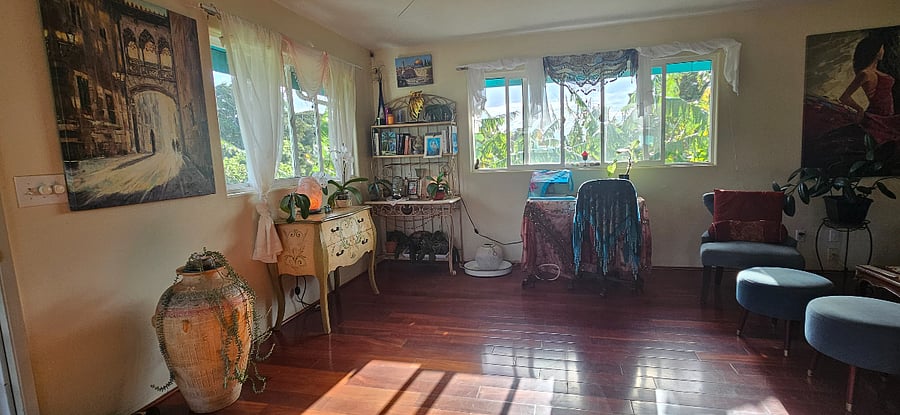 Living room space with desk. 