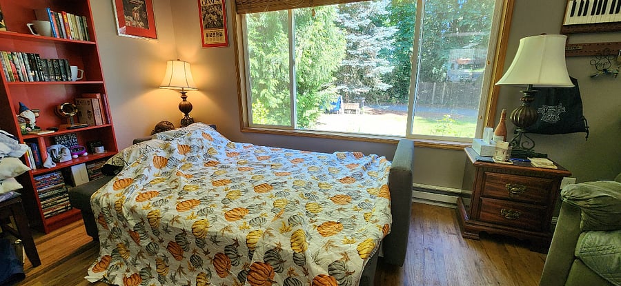 living room couch pulls out to be a queen bed for an extra sleeping area.