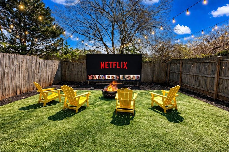 Welcome to where the magic happens: the backyard! Your private year-round outdoor retreat features a 150" cinema, mood inducing string lights, fire pit and games.