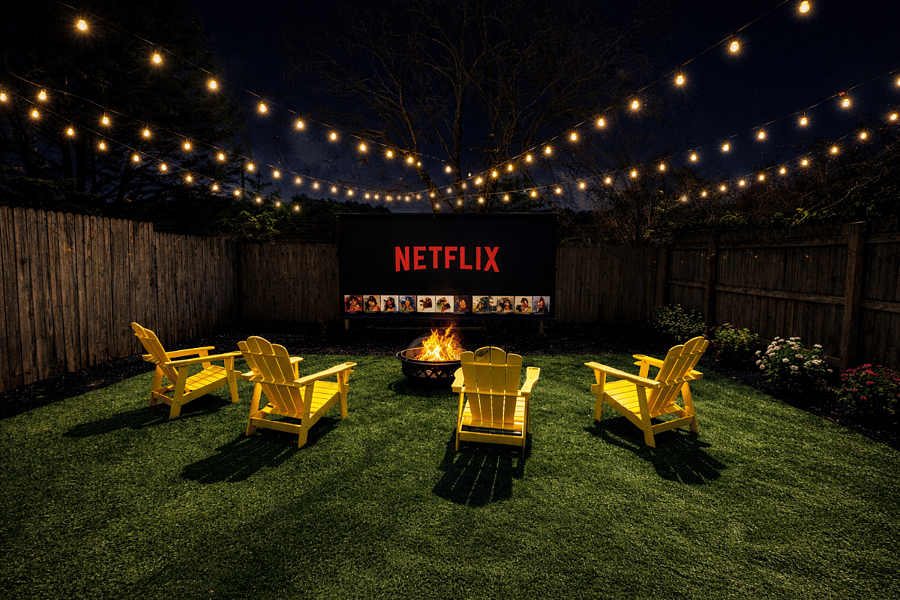 Welcome to where the magic happens: the backyard! Your private year-round outdoor retreat features a 150" cinema, mood inducing string lights, fire pit and games.