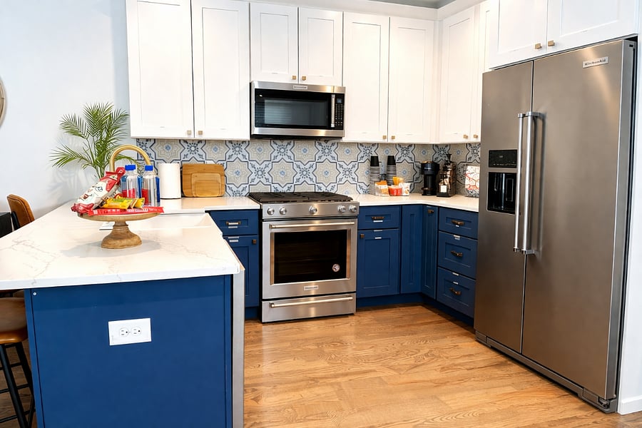 This House of Design curated kitchen is made for gourmet moments. Fully-stocked amenities, fridge, stove, oven, dishwasher, microwave and just about every small appliance possible. The island seats 3 with extra dining space for fun gatherings.