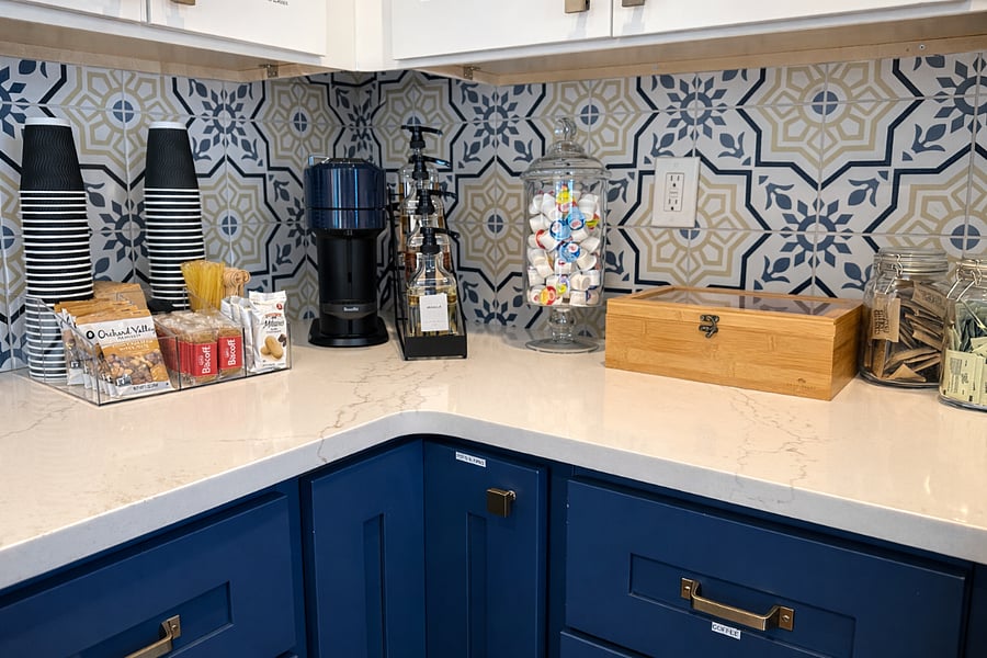 Luxe espresso bar equipped for coffee, espresso, or tea. Snack bar stocked with cookies and tea treats, plus honey, creams, and sweeteners to elevate every luxurious cup of sunshine.